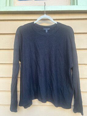 Eileen Fisher Linen Blend Black Nubby Pullover Sweater Long Sleeve Shirt EUC LN